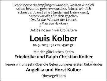 Babyanzeige von Louis Kolber von Nordwest-Zeitung