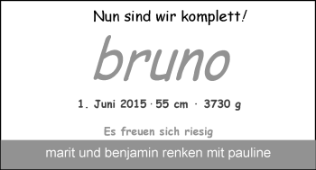 Babyanzeige von Bruno Renken von Nordwest-Zeitung