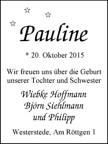 Babyanzeige von Pauline  von Nordwest-Zeitung
