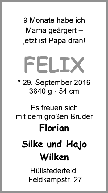 Babyanzeige von Felix Wilken von Nordwest-Zeitung
