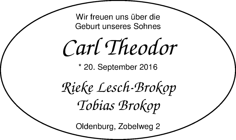 Anzeige für Carl Theodor Brokop vom 01.10.2016 aus Nordwest-Zeitung