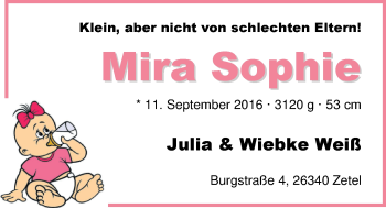 Babyanzeige von Mira Sophie  von Nordwest-Zeitung