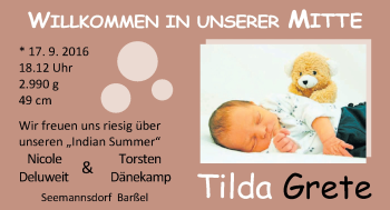 Babyanzeige von Tilda Grete Dänekamp von Nordwest-Zeitung
