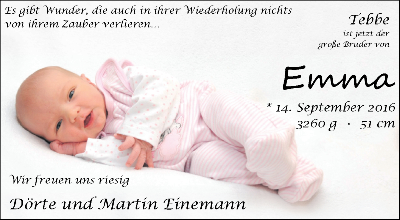 Anzeige für Emma  vom 08.10.2016 aus Nordwest-Zeitung
