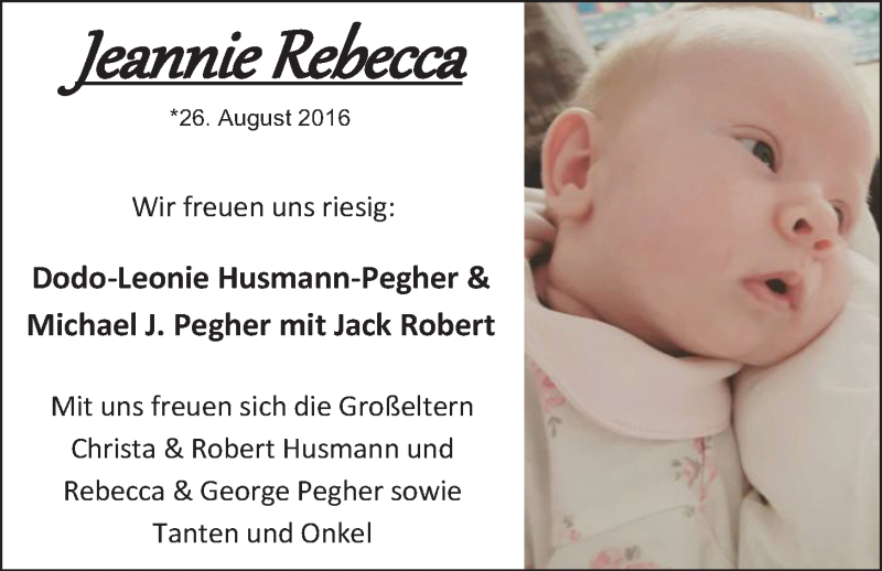 Anzeige für Jeannie Rebecca  vom 01.10.2016 aus Nordwest-Zeitung