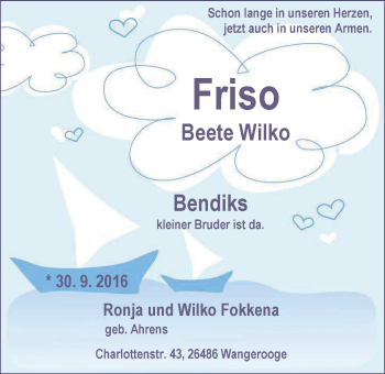 Babyanzeige von Friso Beete Wilko Fokkena von Nordwest-Zeitung