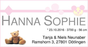 Babyanzeige von Hanna Sophie Neunaber von Nordwest-Zeitung