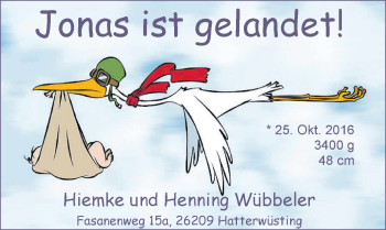 Babyanzeige von Jonas Wübbeler von Nordwest-Zeitung