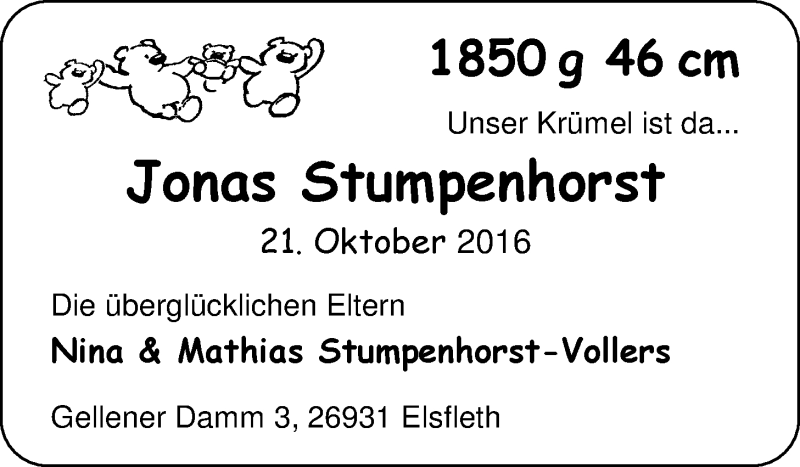 Anzeige für Jonas Stumpenhorst vom 28.10.2016 aus Nordwest-Zeitung