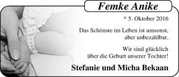 Babyanzeige von Femke Anike  von Nordwest-Zeitung