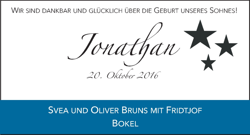 Anzeige für Jonathan Bruns vom 29.10.2016 aus Nordwest-Zeitung