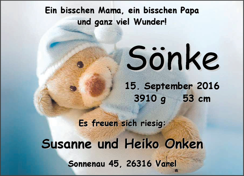 Anzeige für Sönke Onken vom 01.10.2016 aus Nordwest-Zeitung