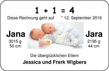 Babyanzeige von Jana und Jara Wigbers von Nordwest-Zeitung