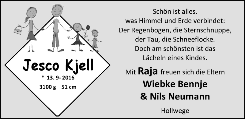 Anzeige für Jesco Kjell Neumann vom 01.10.2016 aus Nordwest-Zeitung