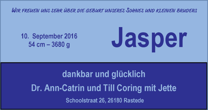 Anzeige für Jasper Coring vom 15.10.2016 aus Nordwest-Zeitung