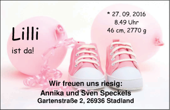 Babyanzeige von Lilli Speckels von Nordwest-Zeitung