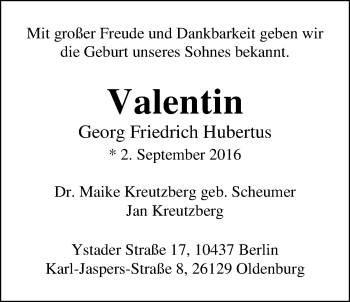 Babyanzeige von Valentin Georg Friedrich Hubertus Kreutzberg von Nordwest-Zeitung