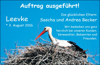 Babyanzeige von Leevke Becker von Nordwest-Zeitung