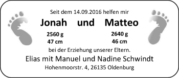 Babyanzeige von Jonah und Matteo Schwindt von Nordwest-Zeitung