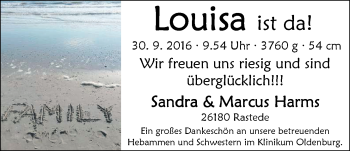 Babyanzeige von Louisa Harms von Nordwest-Zeitung