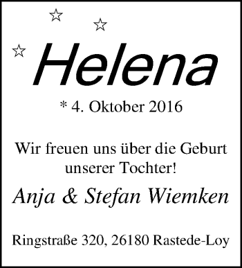 Babyanzeige von Helena Wiemken von Nordwest-Zeitung