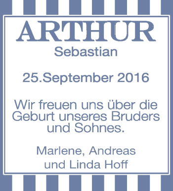 Babyanzeige von Arthur Sebastian Hoff von Nordwest-Zeitung