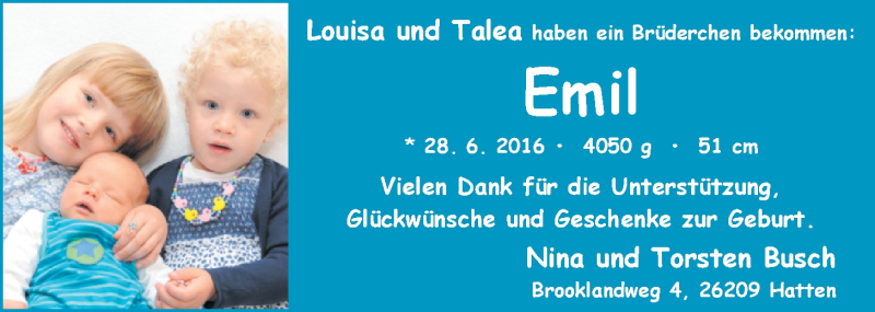 Anzeige für Emil Busch vom 29.10.2016 aus Nordwest-Zeitung