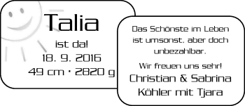 Babyanzeige von Talia Köhler von Nordwest-Zeitung