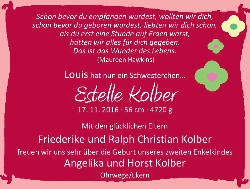 Anzeige für Estelle Kolber vom 19.11.2016 aus Nordwest-Zeitung