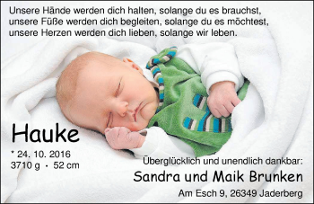 Babyanzeige von Hauke Brunken von Nordwest-Zeitung