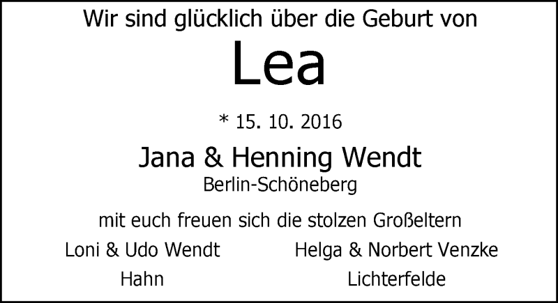 Anzeige für Lea Wendt vom 12.11.2016 aus Nordwest-Zeitung