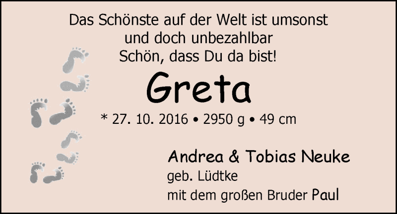 Anzeige für Greta Neuke vom 05.11.2016 aus Nordwest-Zeitung