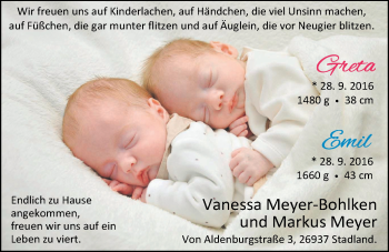 Babyanzeige von Emil und Greta Meyer von Nordwest-Zeitung