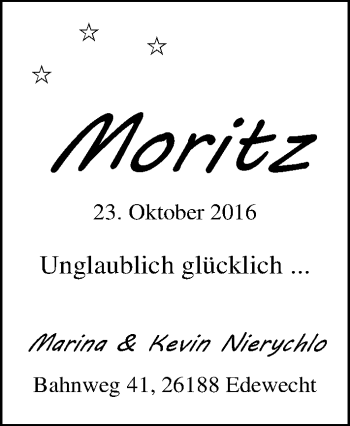 Babyanzeige von Moritz Nierychlo von Nordwest-Zeitung