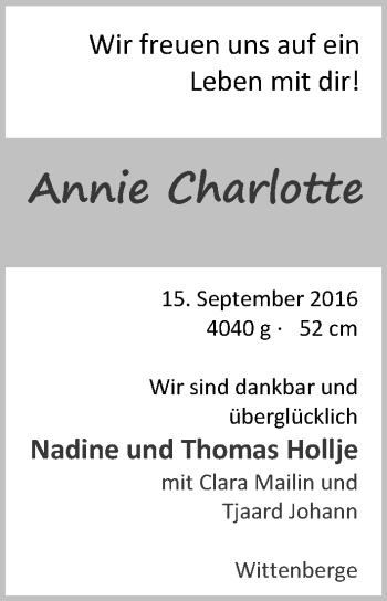 Babyanzeige von Annie Charlotte Hollje von Nordwest-Zeitung