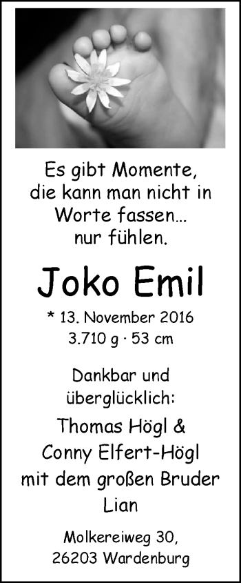 Babyanzeige von Joko Emil Högl von Nordwest-Zeitung