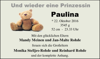 Babyanzeige von Paulina  von Nordwest-Zeitung