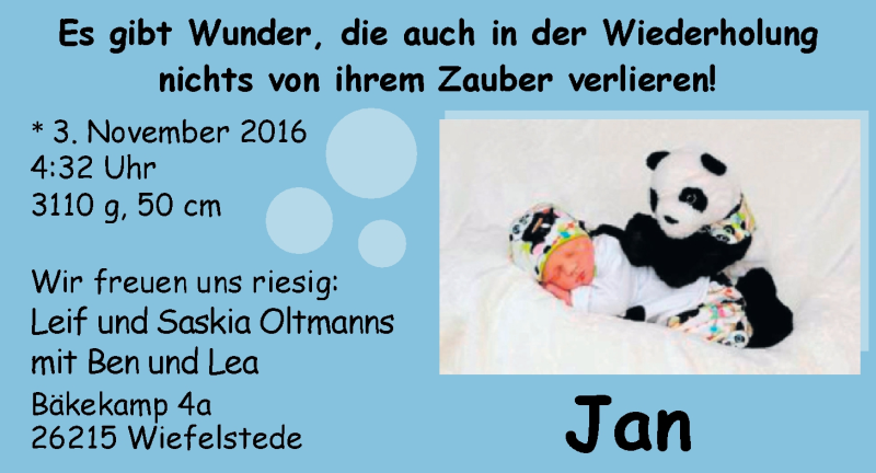 Anzeige für Jan  vom 12.11.2016 aus Nordwest-Zeitung