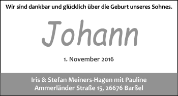 Babyanzeige von Johann Meiners-Hagen von Nordwest-Zeitung
