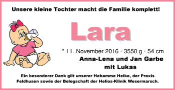 Babyanzeige von Lara Garbe von Nordwest-Zeitung