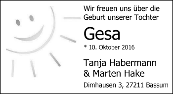Babyanzeige von Gesa  von Nordwest-Zeitung