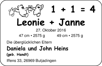 Babyanzeige von Leonie und Janne  von Nordwest-Zeitung