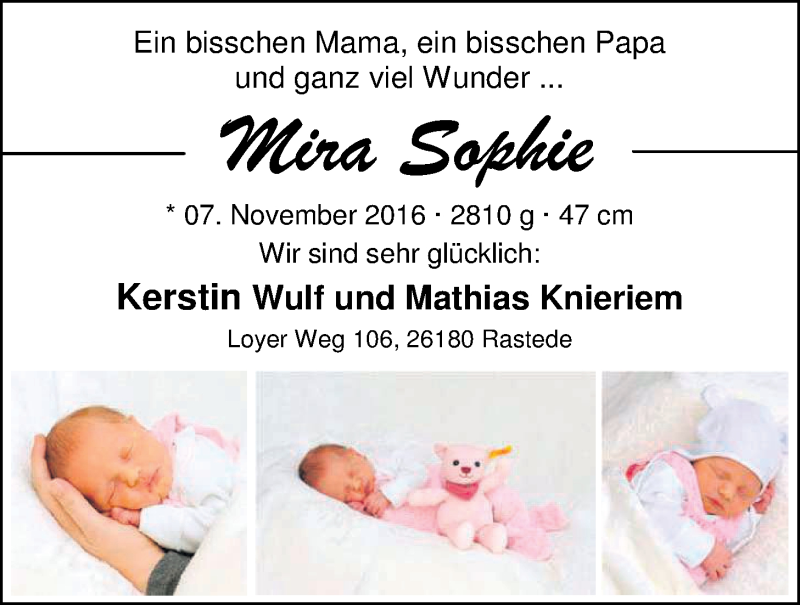 Anzeige für Mira Sophie  vom 19.11.2016 aus Nordwest-Zeitung