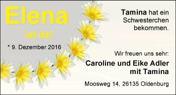 Babyanzeige von Elena Adler von Nordwest-Zeitung