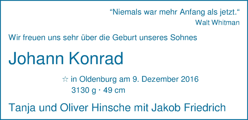 Anzeige für Johann Konrad Hinsche vom 17.12.2016 aus Nordwest-Zeitung
