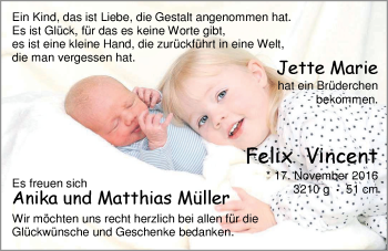 Babyanzeige von Felix Vincent Müller von Nordwest-Zeitung