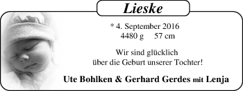 Babyanzeige von Lieske  von Nordwest-Zeitung