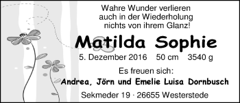 Babyanzeige von Matilda Sophie Dornbusch von Nordwest-Zeitung