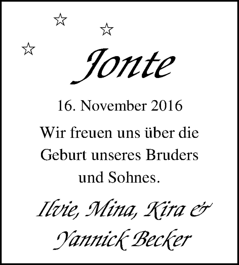 Anzeige für Jonte Becker vom 17.12.2016 aus Nordwest-Zeitung