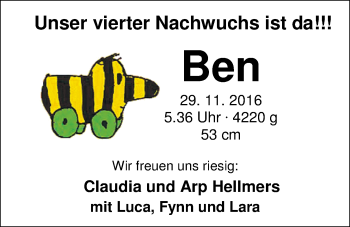 Babyanzeige von Ben Hellmers von Nordwest-Zeitung